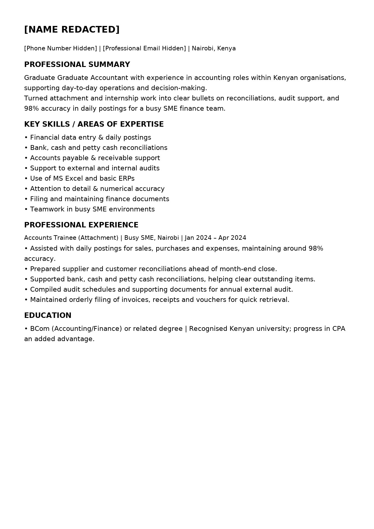 Before and after CV sample for a graduate accountant in Kenya