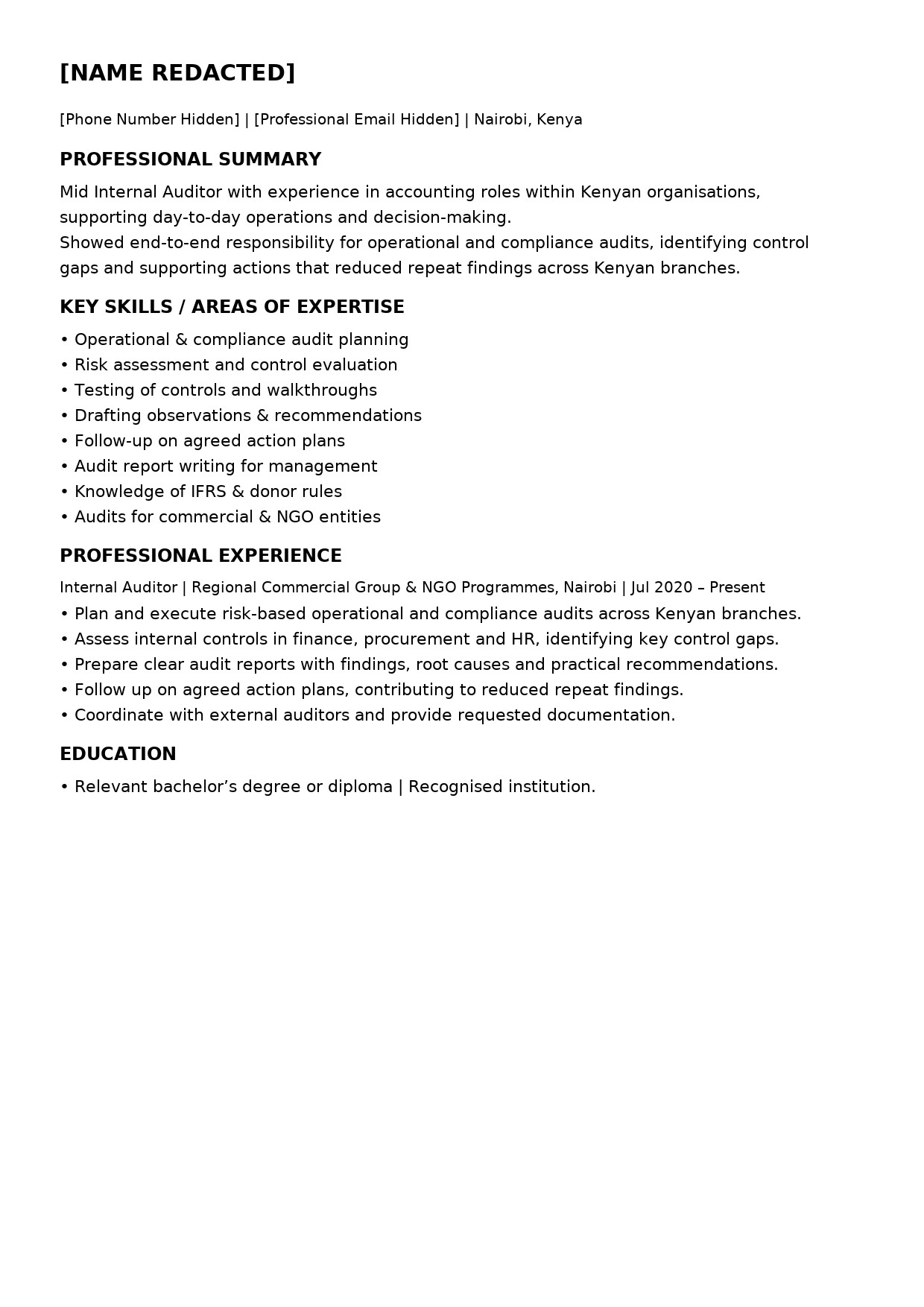 Before and after CV sample for a mid-level internal auditor in Kenya