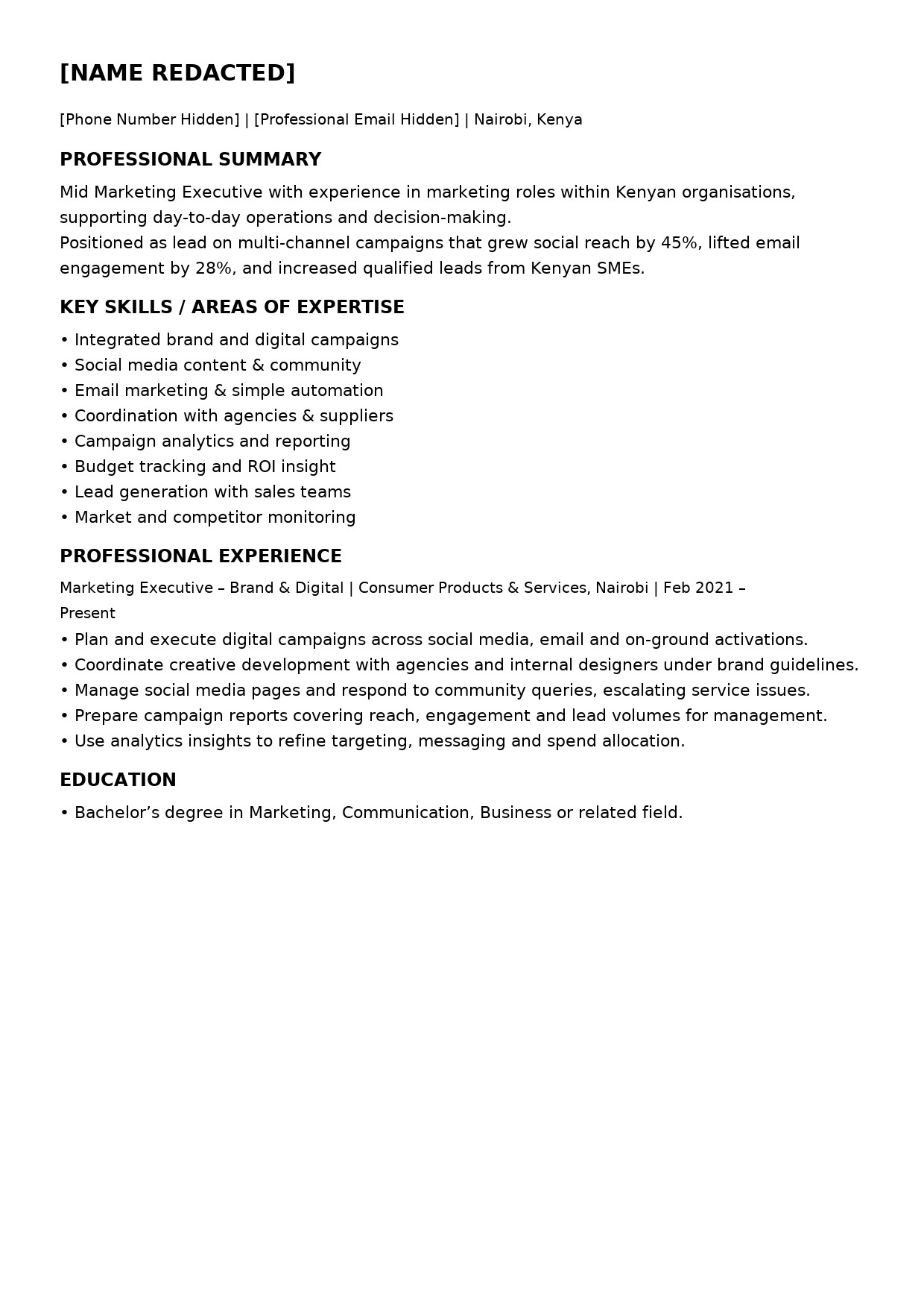 Before and after CV sample for a senior customer experience manager in Kenya