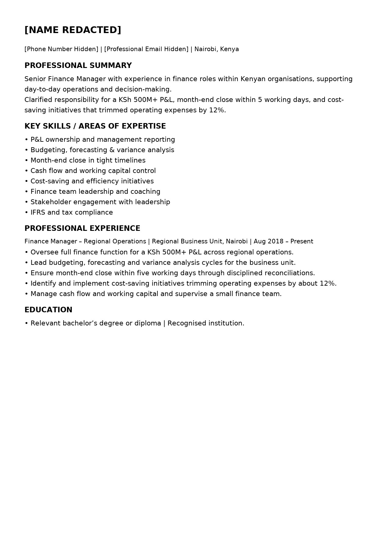 Before and after CV sample for a senior finance manager in Kenya
