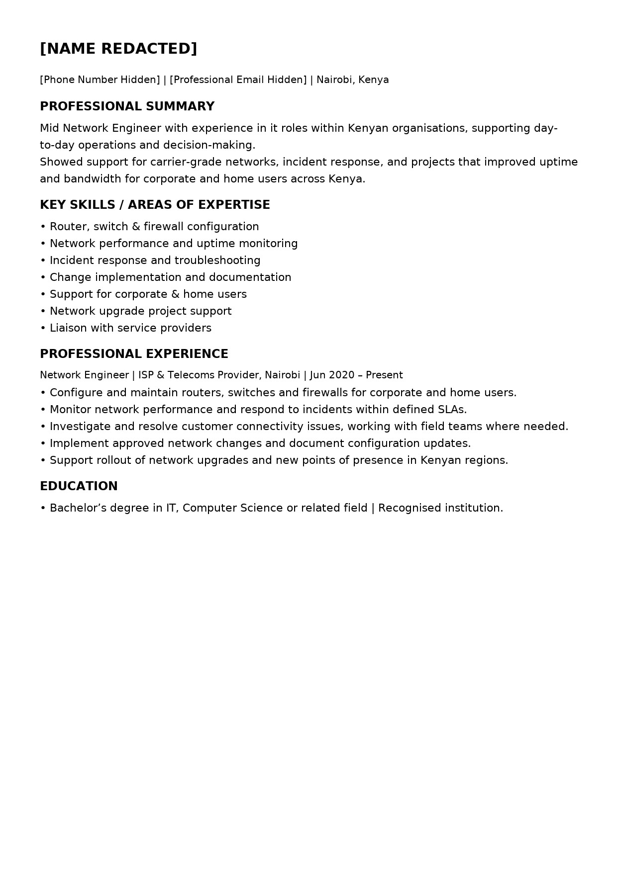 Before and after CV sample for a mid-level network engineer in Kenya